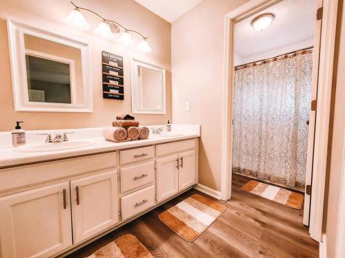 a bathroom with a sink and a shower at Percy Priest Lake2 Quiet Family Home in La Vergne