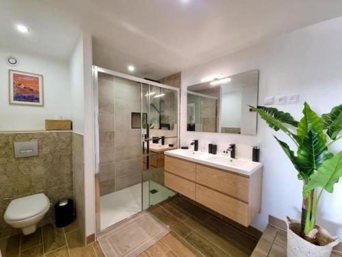 een badkamer met een wastafel, een toilet en een douche bij L'ÉCHAPPÉE BRETONNE in Plouider