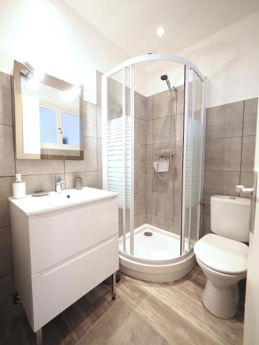 une salle de bain avec une douche, un lavabo et des toilettes dans l'établissement LE PLAISANCE - Face au Parc - Duplex - Balcon, à Vichy