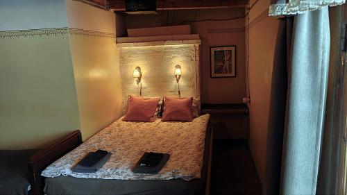 een bed met twee kussens in een slaapkamer bij Vēsturiska viensēta Kārkliņi in Cēsis