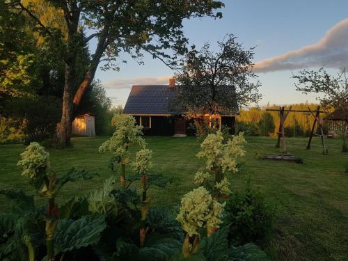 een huis in een veld met een tuin met bloemen bij Vēsturiska viensēta Kārkliņi in Cēsis