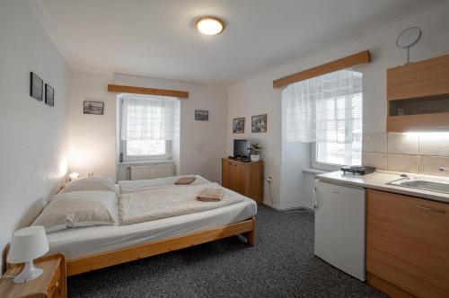 een kleine slaapkamer met een bed en een keuken bij Apartmá u Baštů in Česká Kamenice