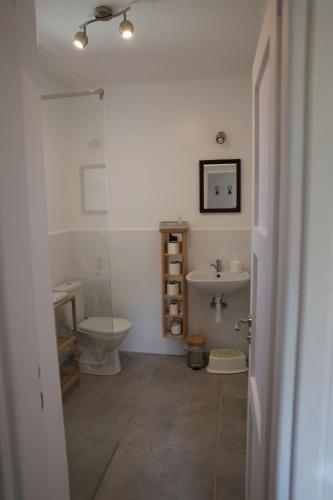 La salle de bains est pourvue d'un lavabo et de toilettes. dans l'établissement Agroturystyka u Babci, à Czchów