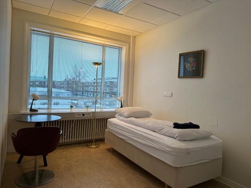 a room with a bed and a table and a window at Baron's Hostel in Reykjavík