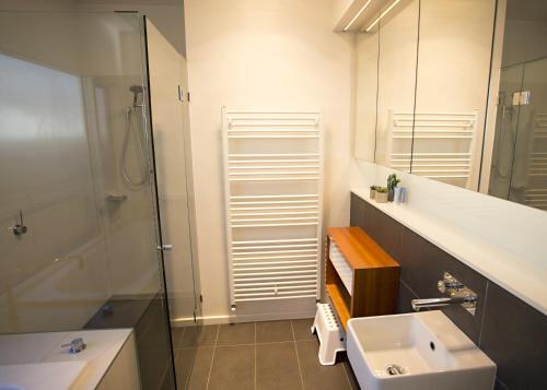 a bathroom with a sink and a shower and a mirror at GALWAY COTTAGE in Queenscliff