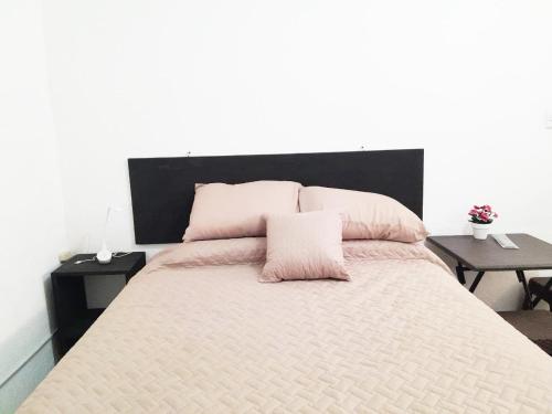 1 dormitorio con 1 cama grande con almohadas rosas en Apartamento Via 7, en Guatemala