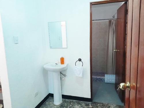 a white bathroom with a sink and a shower at Apartamento Via 7 in Guatemala