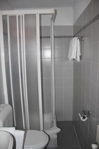 a bathroom with a shower with a toilet and a sink at Garni Bar Sport in Mendrisio
