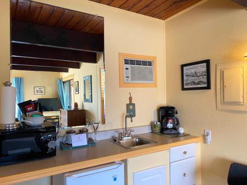 a kitchen with a sink and a microwave at Wheeler on the Bay Lodge and Marina in Wheeler
