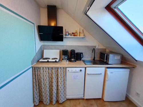 a small kitchen with a counter in a tiny house at Auszeit im Grünen - Ferienwohnung in Hünxe in Hünxe