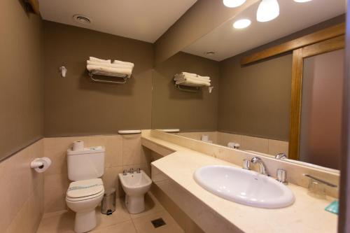 a bathroom with a sink and a toilet and a mirror at Hotel Suizo in Neuquén