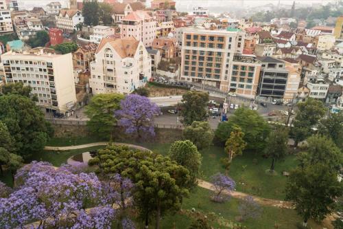 miasto z parkiem z fioletowymi drzewami i budynkami w obiekcie Radisson Serviced Apartments Antananarivo City Centre w Antananarywie