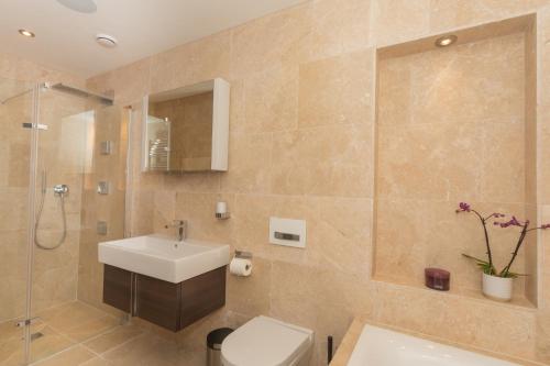 a bathroom with a sink and a toilet and a shower at Henge House, Penthouse Apartment in Bath