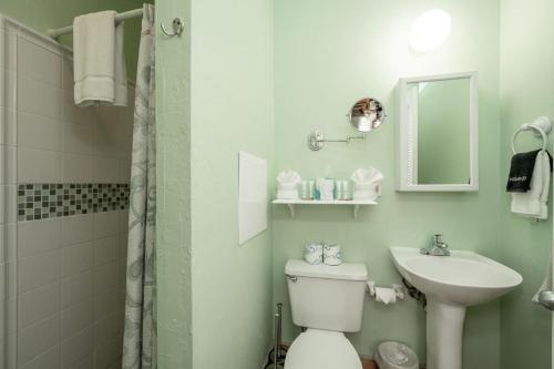 a bathroom with a toilet and a sink and a mirror at The Speakeasy Inn and Rum Bar in Key West