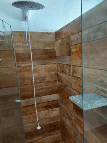 ducha con paneles de madera y puerta de cristal en Sitio Anju en Atibaia