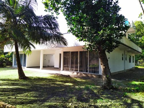 a house with two palm trees in front of it at Savendro in Hikkaduwa