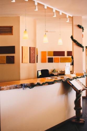 an office with a long desk and pendant lights at Hotel Spa Nieves Del Cerro in Caviahue