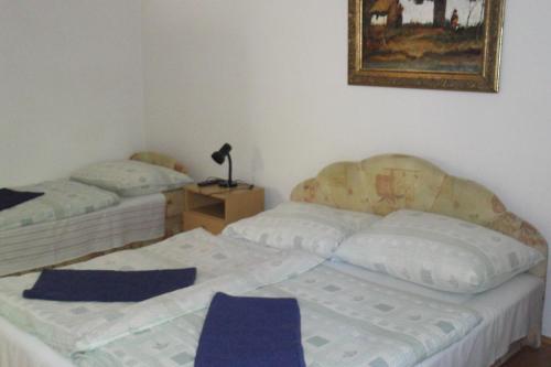 two beds in a room with a picture on the wall at Fenyő Panzió in Makó