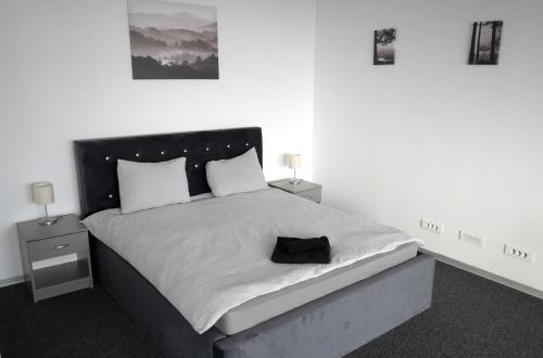 a bedroom with a large bed with two night stands at Luana Airport Apartments #3 in Otopeni