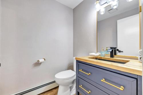 La salle de bains est pourvue d'un lavabo, de toilettes et d'un miroir. dans l'établissement Hazelwood Haven Duplex, à Green Bay