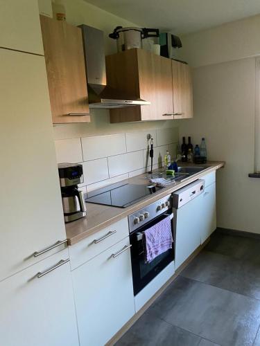 een keuken met witte kasten en een fornuis met oven bij MZ Zimmervermietung 
