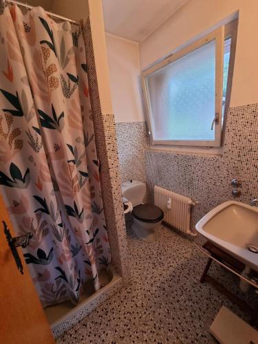 a bathroom with a sink and a toilet and a window at Between slopes and golf facing the Alps in Crans-Montana