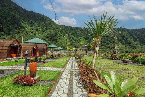 a garden with a palm tree next to a mountain at The Polumb Garden Bedugul in Tabanan