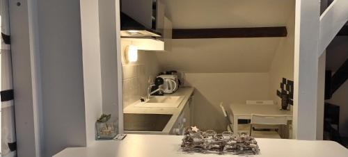 een kleine keuken met een wastafel en een aanrecht bij Appart cosy Disney paris in Chalifert