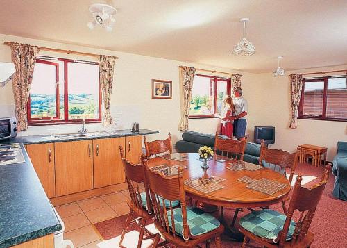 a kitchen and dining room with a table and a woman at Avalon Cottages in Llangynin
