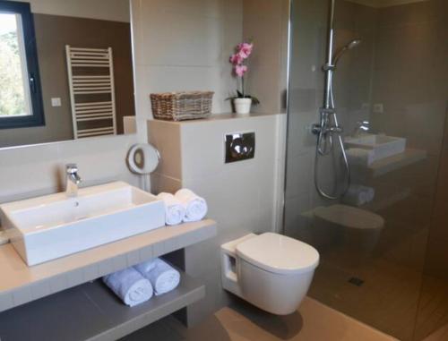 a bathroom with a sink and a toilet and a shower at Studio 33m² vue mer in Propriano