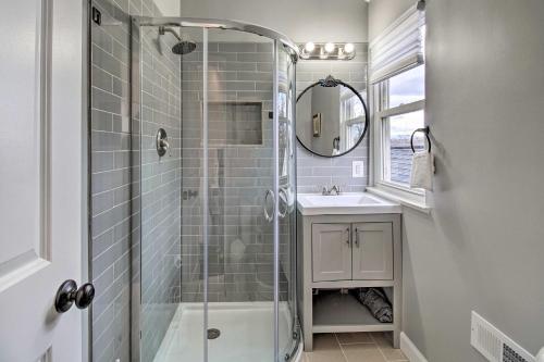 a bathroom with a shower and a sink at Sunny Front Royal Vacation Rental with Hot Tub! in Front Royal