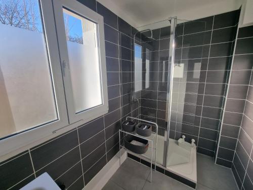 La salle de bains est pourvue d'une douche avec une porte en verre. dans l'établissement F2 cosy proche Disney et Paris, à Thorigny-sur-Marne