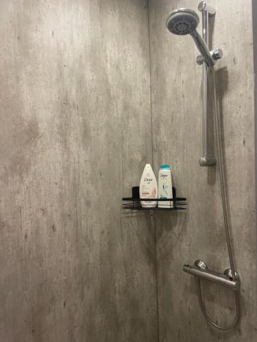 eine Dusche mit zwei Flaschen Seife auf Regalen in der Unterkunft Appelscha aan de diek in Appelscha
