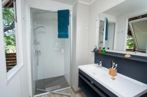 a bathroom with a sink and a shower at Camping Etang de la Bonde in Sannes