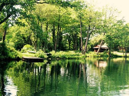 un cuerpo de agua con árboles y una casa en el fondo en Cintray Parc Résidence en Breteuil-sur-Iton