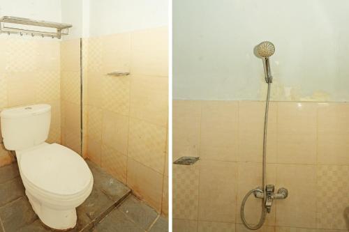two pictures of a bathroom with a toilet and a shower at SUPER OYO 92003 Sky Airlines Guesthouse in Tangerang