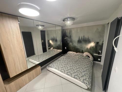 sypialnia z 2 łóżkami i lustrem w obiekcie Apartament Północny z Tarasem w Żorach