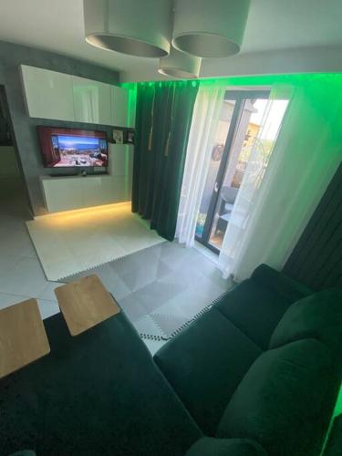 ein Wohnzimmer mit einem Sofa und einem TV in der Unterkunft Apartament Północny z Tarasem in Żory