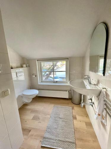 a bathroom with a sink and a toilet and a window at De Kroft Beach Residences Noordwijk aan Zee in Noordwijk
