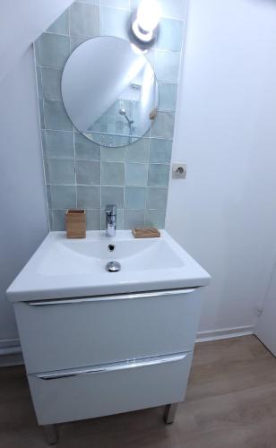 une salle de bain avec un lavabo blanc et un miroir dans l'établissement LE NID DE BATZ SUR MER-Studio-Les Gîtes de la Côte d'Amour, à Batz-sur-Mer