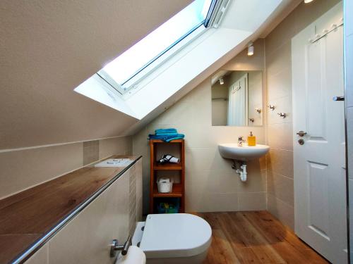 ein Badezimmer mit einem WC, einem Waschbecken und einem Dachfenster in der Unterkunft Auszeit im Grünen - Ferienwohnung in Hünxe in Hünxe