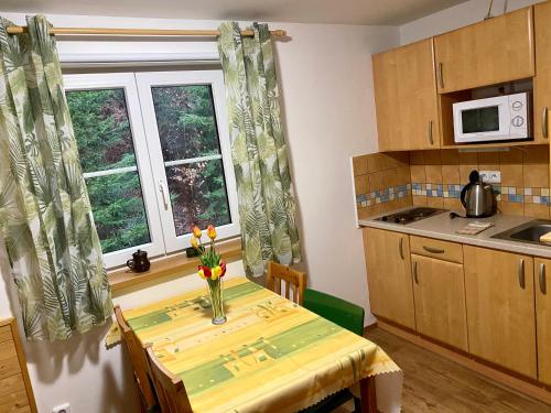 a kitchen with a table with a vase of flowers on it at Alba Apartmany Železná Ruda in Železná Ruda