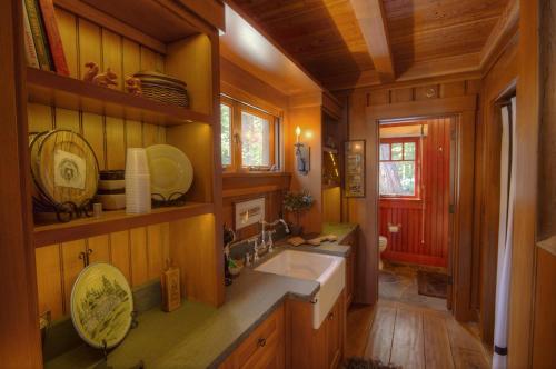 a kitchen with a sink and wooden walls and wooden floors at Lakefront History cabin in Homewood