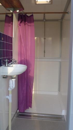 a bathroom with a sink and a shower with a purple shower curtain at Fred's Yurts at Hay Festival in Hay-on-Wye