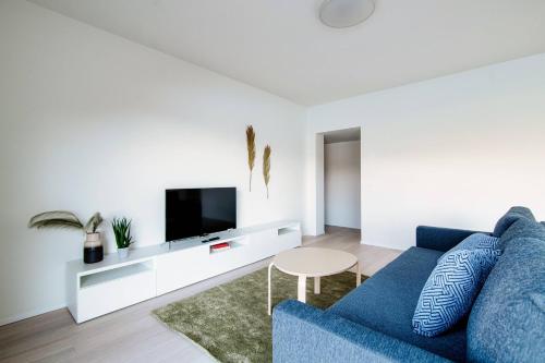 a living room with a blue couch and a tv at La Palma 2 by Quokka 360 - spacious flat with lake view in Montagnola