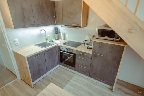Mein Appartement Nr.9 في Planneralm: مطبخ صغير مع حوض وميكروويف