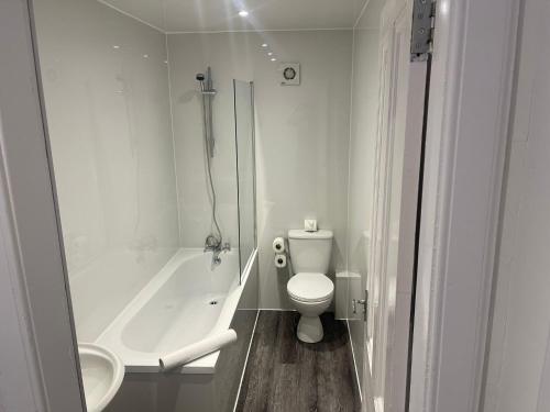 a bathroom with a toilet and a tub and a sink at Elder Park Apartments in Glasgow
