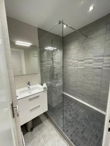 une salle de bain avec une douche et un lavabo et une cabine de douche en verre dans l'établissement Vue Lac, Central et Contemporain, à Évian-les-Bains