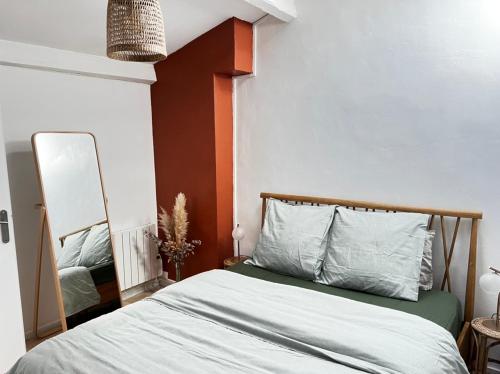 een slaapkamer met een bed en een spiegel bij Chez Lise in Montpellier