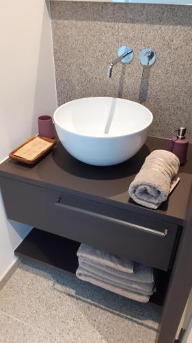 - un lavabo dans la salle de bains avec un grand bol blanc sur un comptoir dans l'établissement Fine Rooms Vipava, à Vipava